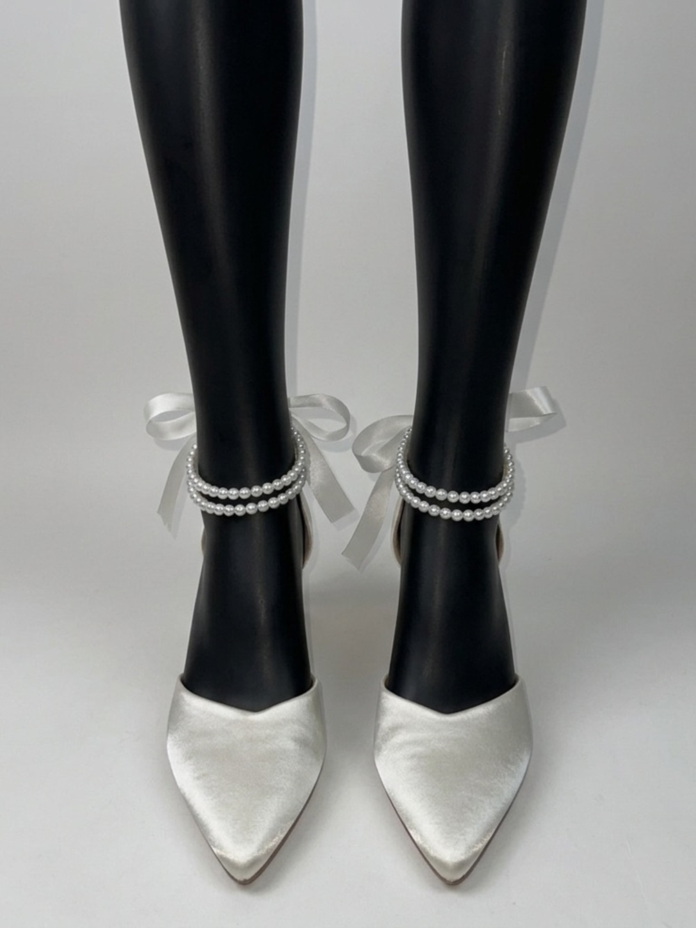 Satin Pointed-Toe White Bridal Heels with Pearl Ankle Straps